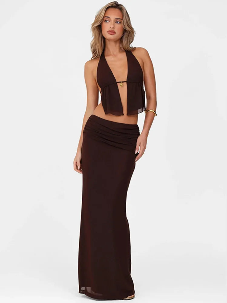 Hollow Out Lace-up Sexy Skirt 2 Piece Sets Women Brown Halter Crop Tops And Maxi Skirt Female Skinny Sexy Two Piece Set