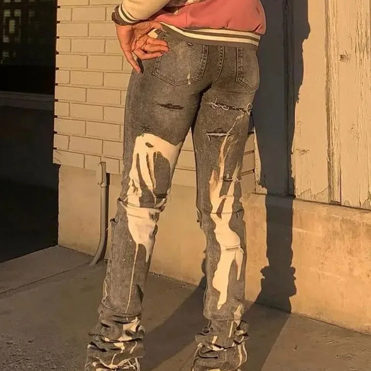 Casual Ripped Hole Jeans Women Fashion Gray Print High Waist Denim Skinny Trousers Streetwear Bottoms Y2K Stacked Pants