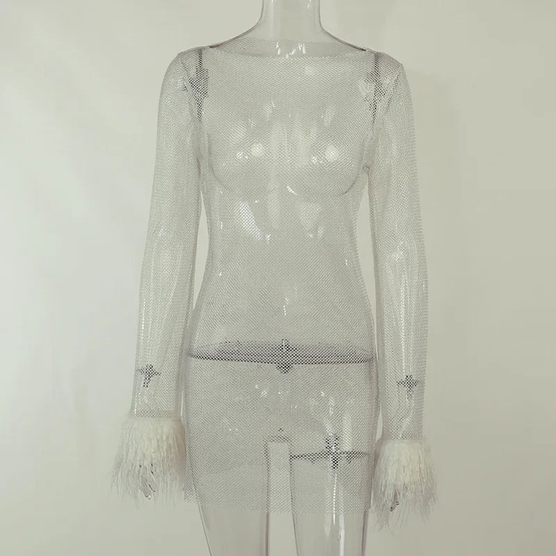 See Through Mesh Mini Dress Women Autumn Black Long Sleeves O-Neck Bodycon Elegant Sexy Dress Club Partywear Fashion Streetwear White