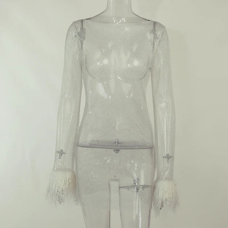 See Through Mesh Mini Dress Women Autumn Black Long Sleeves O-Neck Bodycon Elegant Sexy Dress Club Partywear Fashion Streetwear White