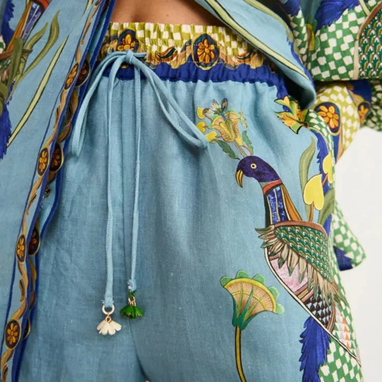 New In Birds Flower Printed Two Piece Set Women Lantern Sleeve Lapel Shirts High Waist Flare Pants Suit For Women Outfits