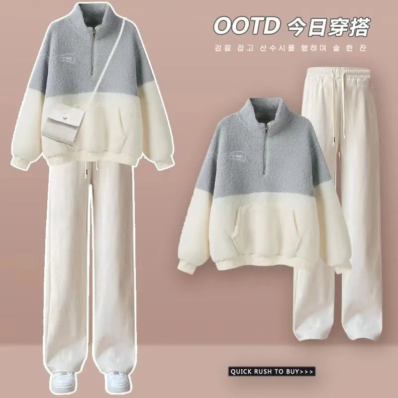 Velvet and Thickened Lamb Hair Outer Set for Women's Autumn and Winter New Korean Casual Wide Leg Pants Fashion Two Piece Set Two-piece suit 02