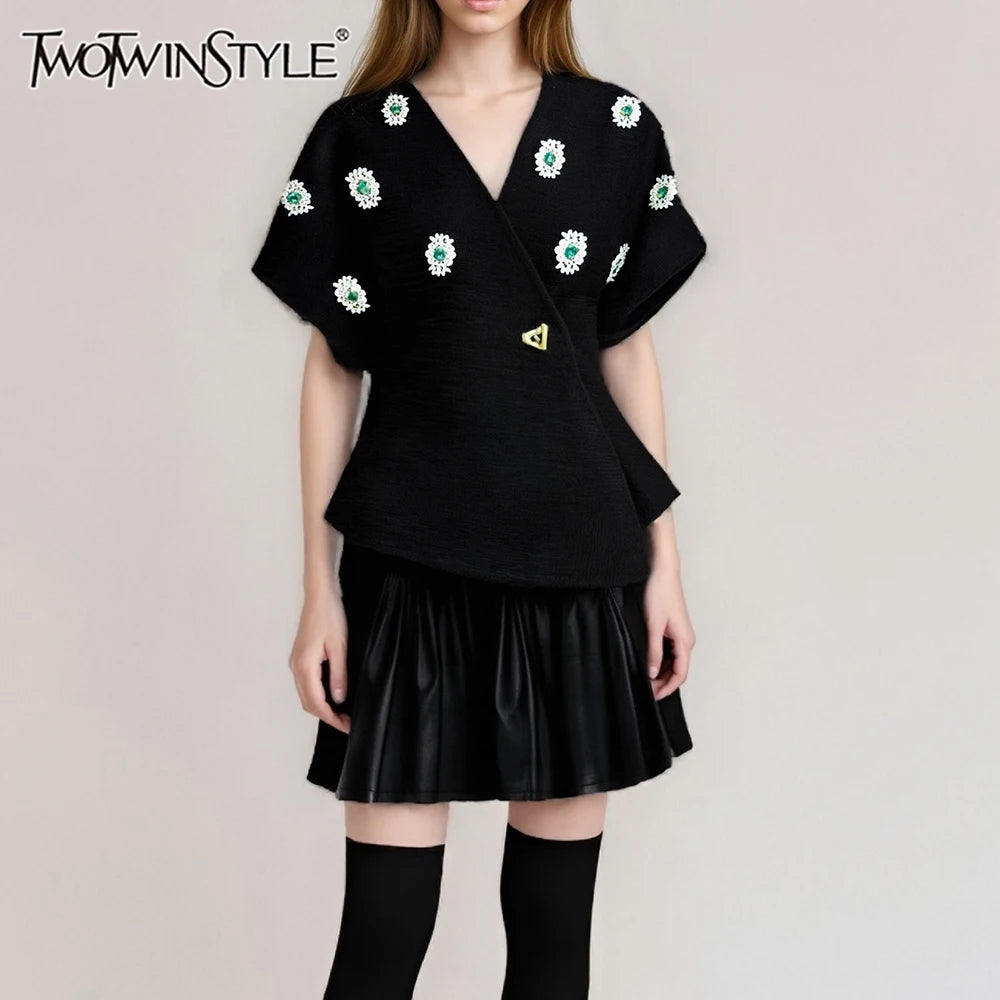 TWOTWINSTYLE Solid Spliced Bead Luxurious Jackets for Women V Neck Short Sleeves Patchwork Button Elegant Jacket Femlae Fashion