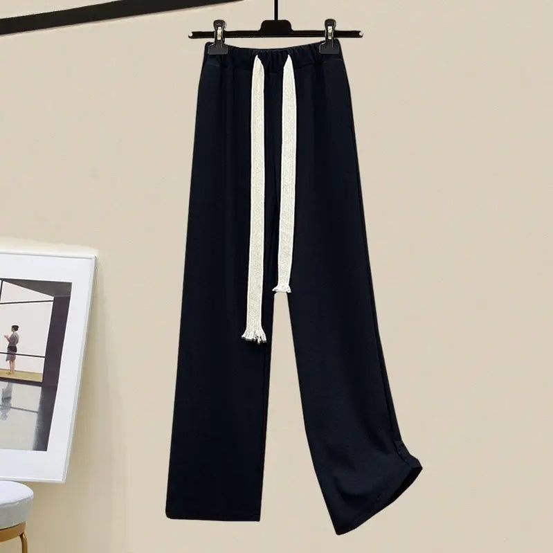 Autumn/Winter New in Matching Set Women's Loose O-Neck Knit Sweater Wide Leg Pants Two Piece Korean Elegant Tracksuit Suit Black Pants