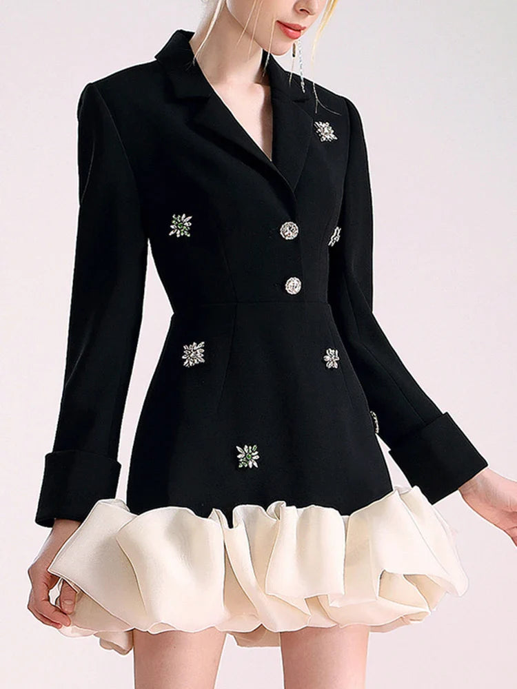 TWOTWINSTYLE Colorblock Patchwork Diamonds Elegant Dresses For Women V Neck Long Sleeve High Waist Spliced Organza Dress Female