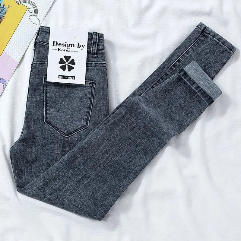 New Spring Autumn Season Blue Pencil Jeans Womens Mid Waist Skinny Vaqueros Fashion Plush Denim Capris Slim Jean Trousers Blue gray