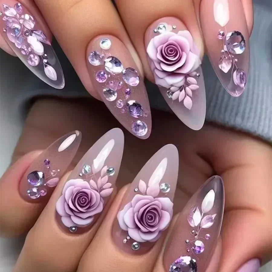 24Pcs Purple Heart Almond False Nails Artificial Simple with Glue French Wearable Fake Nails Full Cover Press on Nails Tips Art