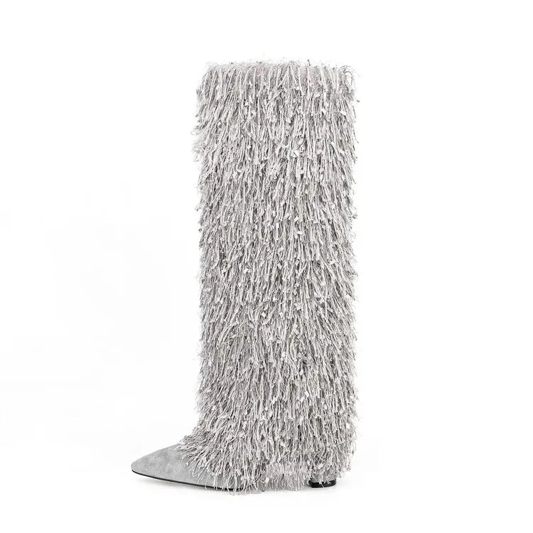 Winter High Heels Tassel Pants Boots for Women Sexy Pointed Toe Denim Knee High Boots Big Size Shoes 42 43 45 silver N29