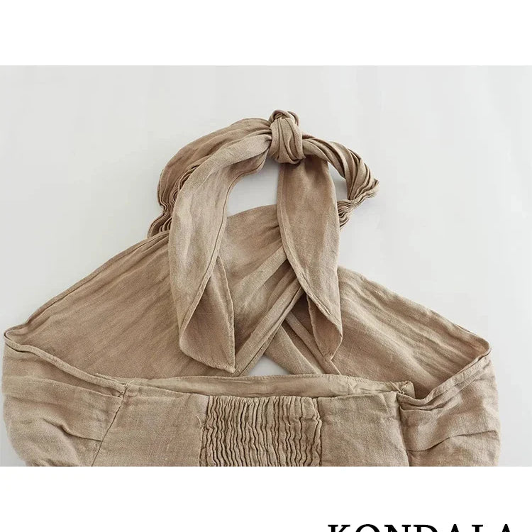 KONDALA Streetwear Khaki Linen Suits Women Sleeveless Halter Sexy Crop Tops Women+High Waist Wide Leg Pants Fashion Sets