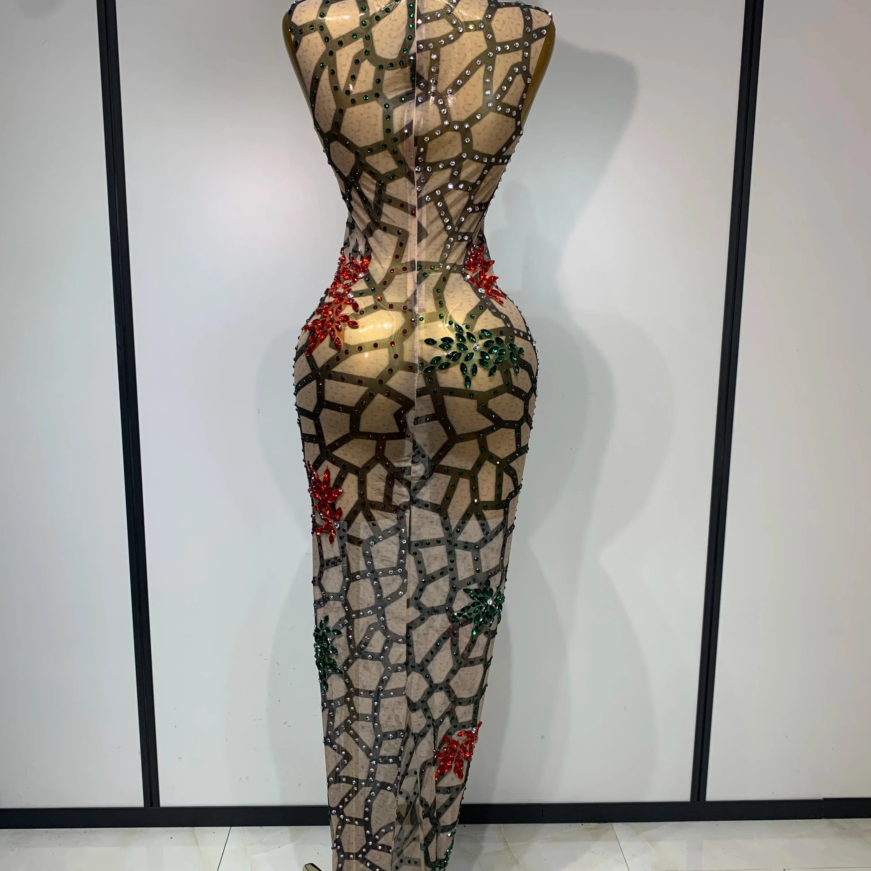 Women Sexy Mesh See Through Sparkly Rhinestone Long Maxi Dress Luxury Birthday Evening Party Prom Gowns Singer Stage Costume
