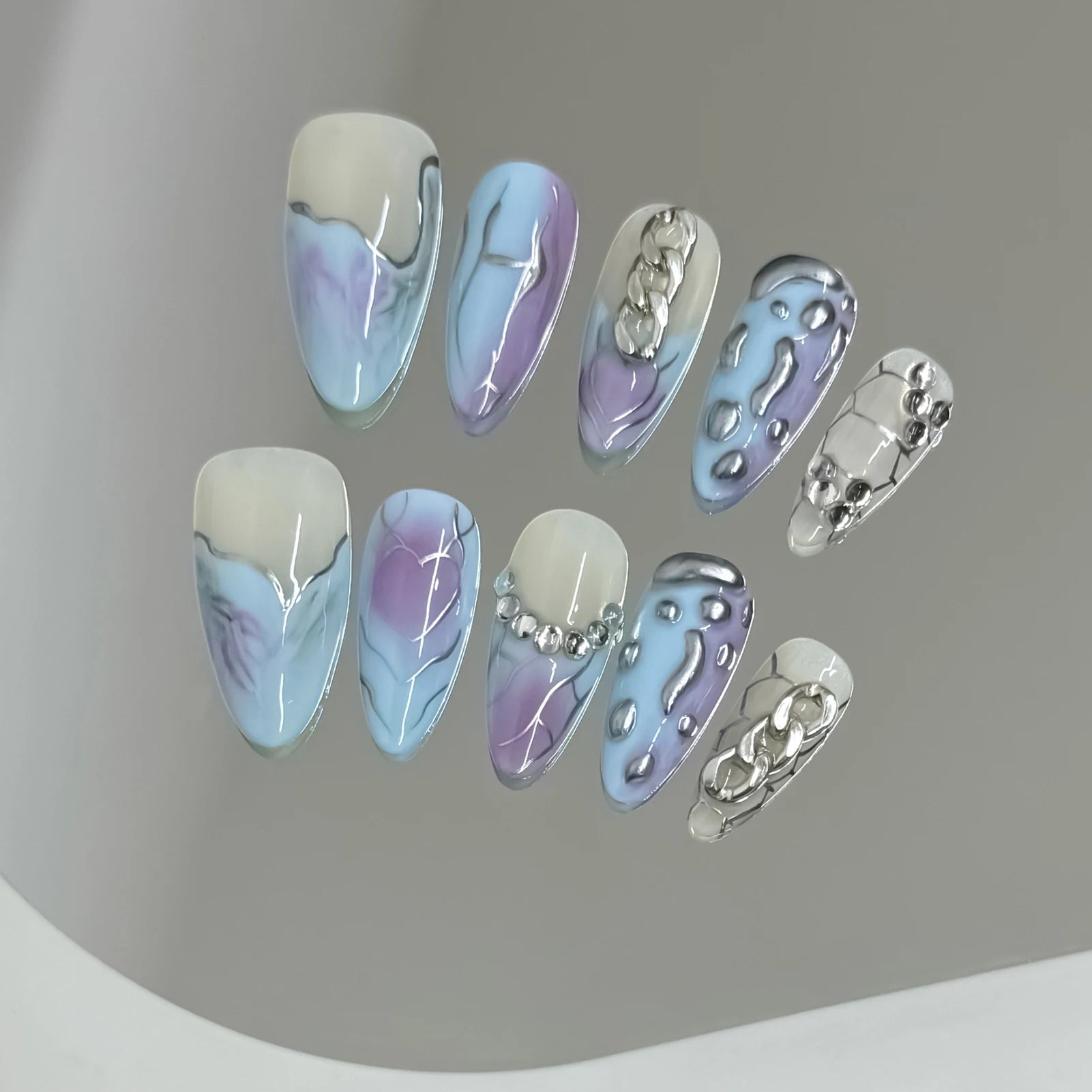 10pcs Handmade Press On Nails Baroque Bowknot Design False Nails Wearable Crystal Red French Almond Shaped Fake Nail Tips