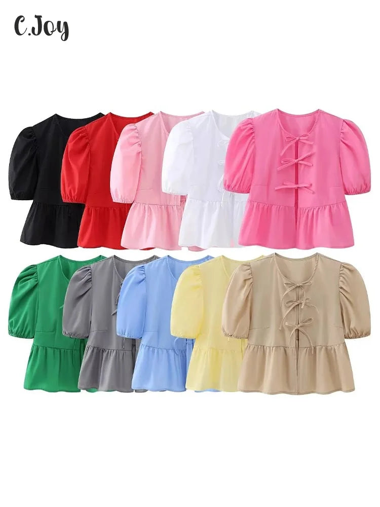 Leopard Print Lace Up Bow Top Women Hollow Out Puff Short Sleeve O-neck Shirt Female Summer Lady Fashion Commuter Tops