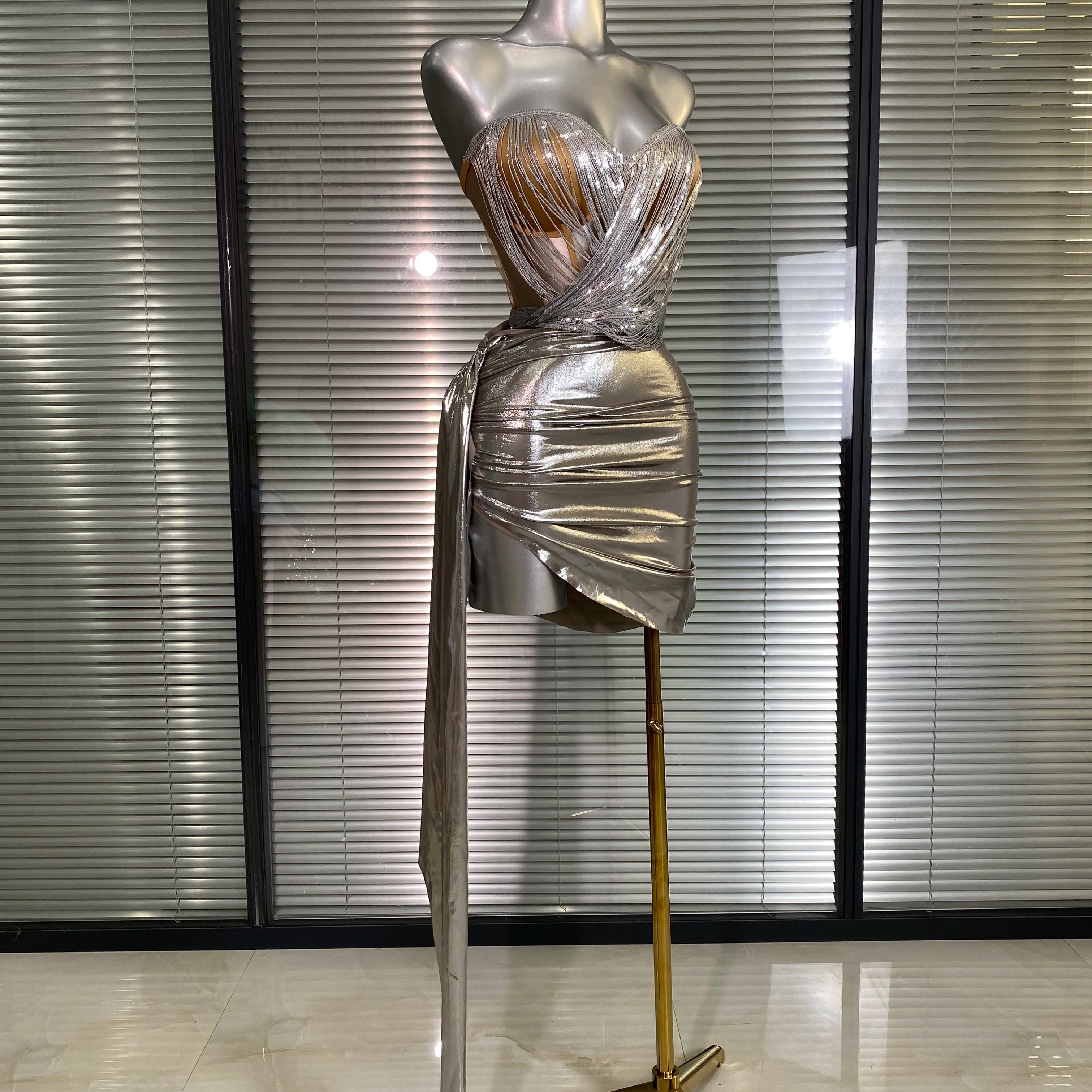 New Sexy Two Pieces Set Women Celebrity Silver Night Club Skirt Suits Laced Singer Dancer Night Club Stage Performance Costume