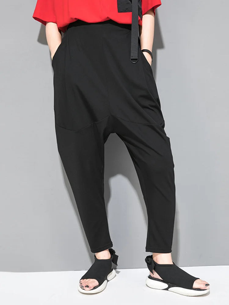 [EAM] High Elastic Waist Black Pockets Thin Harem Pants New Loose Fit Trousers Women Fashion Tide Spring Summer 1DF4728