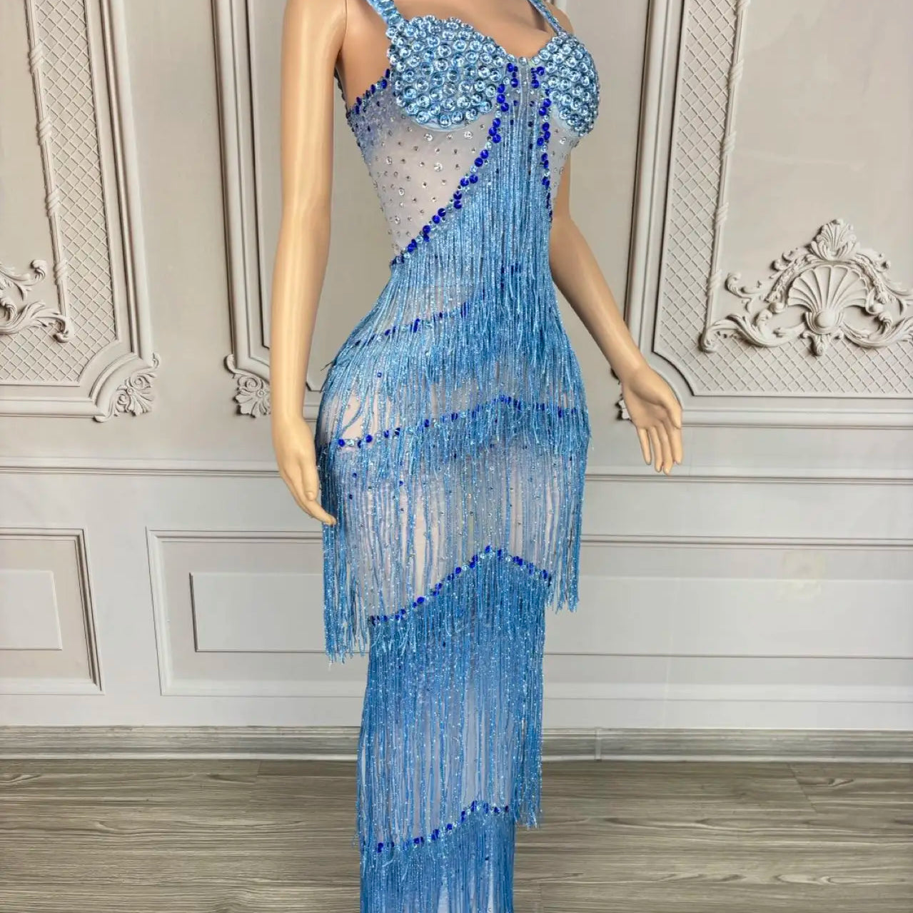 Sparkly Rhinestones Tassel Slip Long Dress Sexy Women Celebrate Prom Sheer Mesh Evening Dress Birthday Photo Shoot Wear lantian
