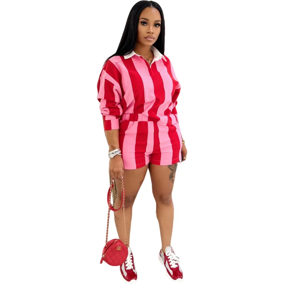 CM.YAYA Striped Women's Set Pleated full Sleeve Turn-down Collar Polo-t-shirt and Shorts 2025 Two 2 Piece Sets Outfit Tracksuits