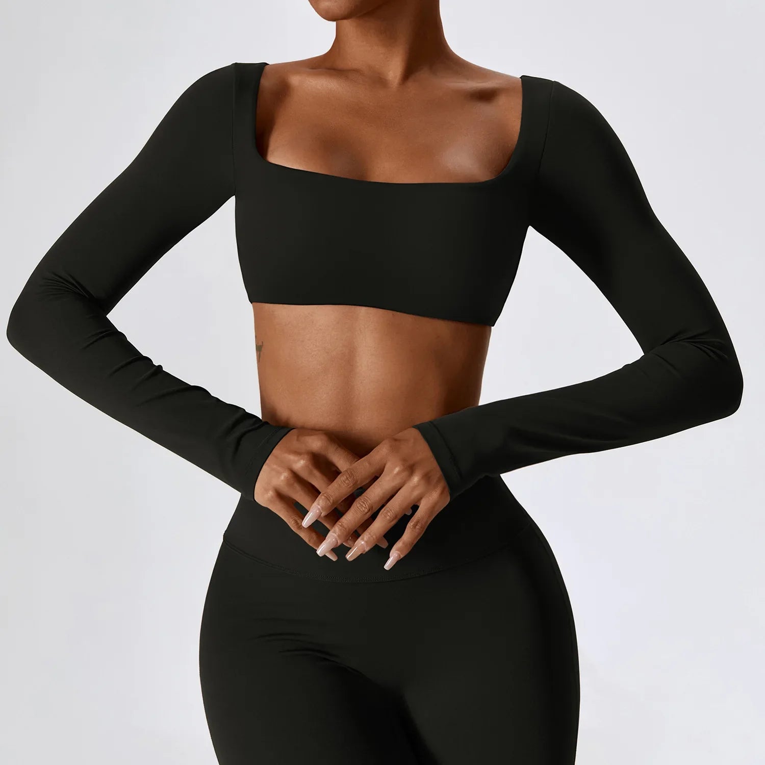 Women Crop Tops Yoga T-shirts Solid Sports Top Long Sleeve Running Shirts Sexy Exposed Navel Quick Dry Fitness Gym Sport Wear Advanced Black CHINA