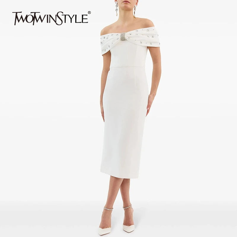 TWOTWINSTYLE Solid Slimming Spliced Bead Elegant Dresses for Women Slash Neck Short Sleeves Temperament Dress Female Fashion New