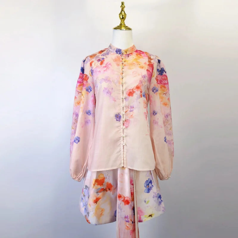 Shot Spot 2025 Spring and Summer Stand Collar Long Sleeve Shirt Top Wide Leg Skirt Pocket with Silk Scarf Belt Two-Piece Se