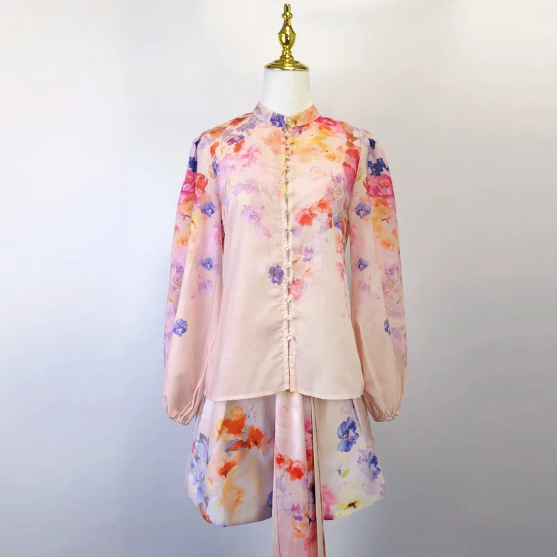 Shot Spot 2025 Spring and Summer Stand Collar Long Sleeve Shirt Top Wide Leg Skirt Pocket with Silk Scarf Belt Two-Piece Se