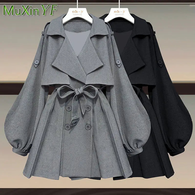 Women's Autumn/Winter New Fashion Waist Jacket Midi Skirt Two Piece Suit Korean Elegant Loose Coat Dress Matching Set