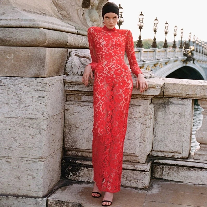 Women Sexy Lace See Through Bodycon Red Long Dress Summer Spring Party Nightclub Lady Maxi Dresses Fashion Clothes 2024 New