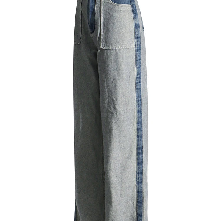 Patchwork Pockets Casual Denim Trousers For Women High Waist Spliced Button Hit Color Minimalist Loose Wide Leg Jeans Female