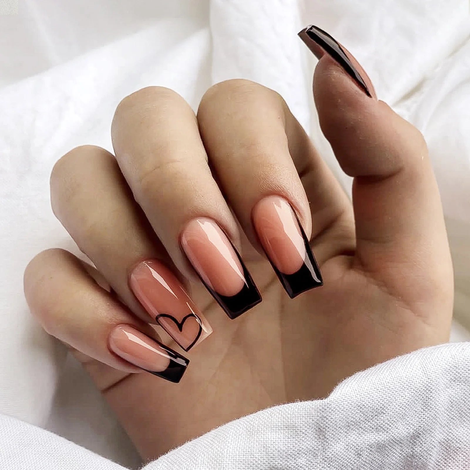Black Long Coffin Fake Nails Square Head Press on Nails Love Heart Printed Women Girls Valentine's Day Wearable False Nail 24Pcs