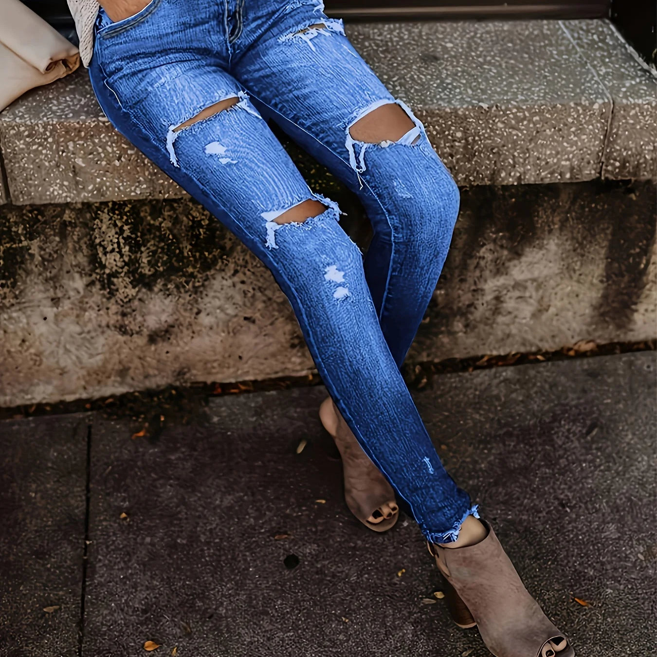 Blue Ripped Skinny Jeans, Distressed Slim Fit Slash Pockets Raw Hem Denim Pants, Women's Denim Jeans & Clothing