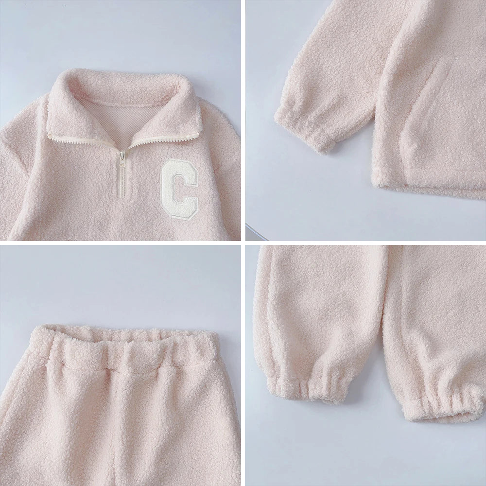 Bear Leader Girls' Set New Children's Autumn New Lamb Fleece Standing Collar Pullover Top+Pants Two Piece Kids' Fashion Set