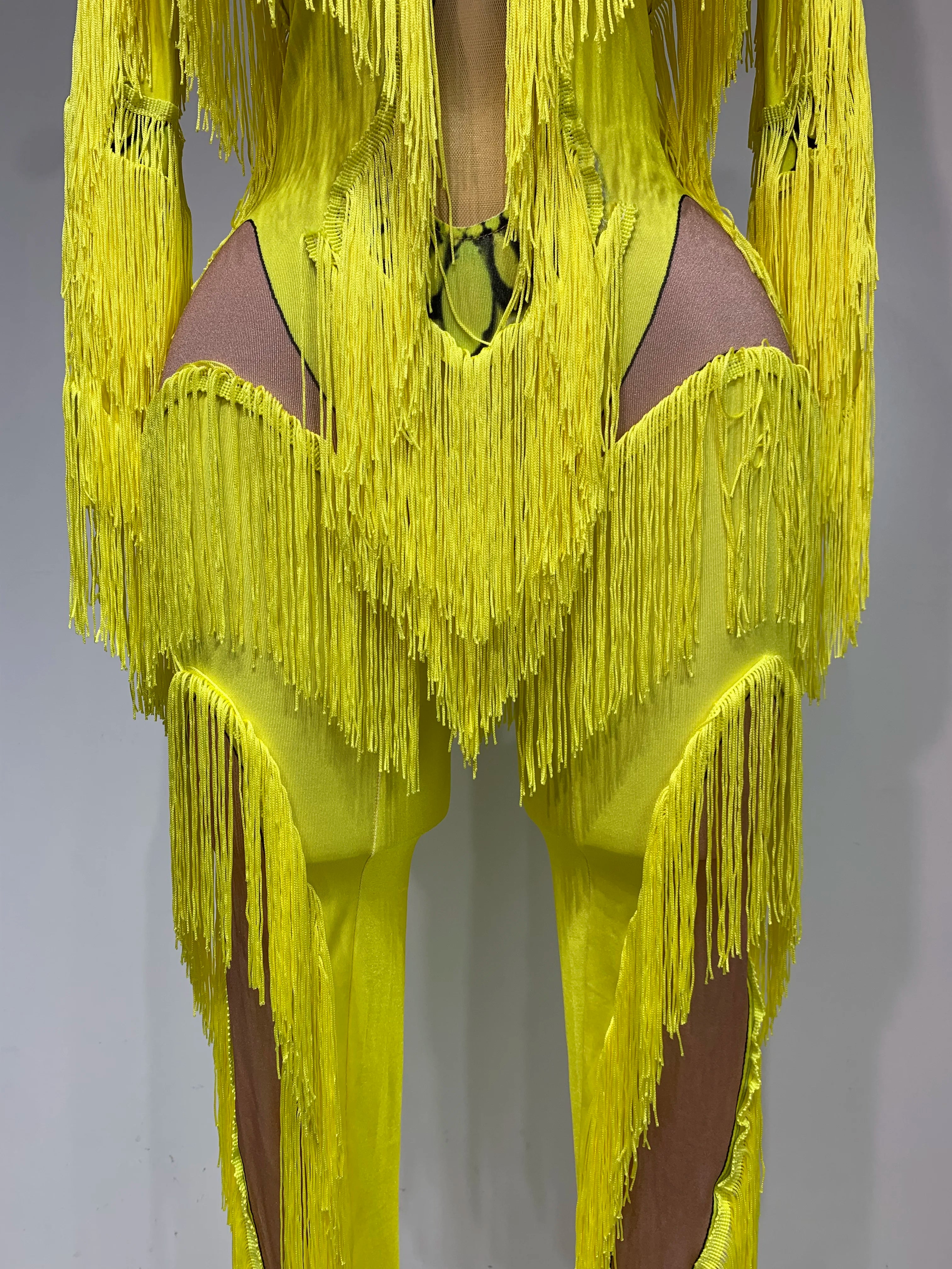 Yellow Tassel Stretch Bodycon Jumpsuit Nightclub Gogo Dance Clothing Dj Rave Outfit Nightclub Party Singer Performance Outfit