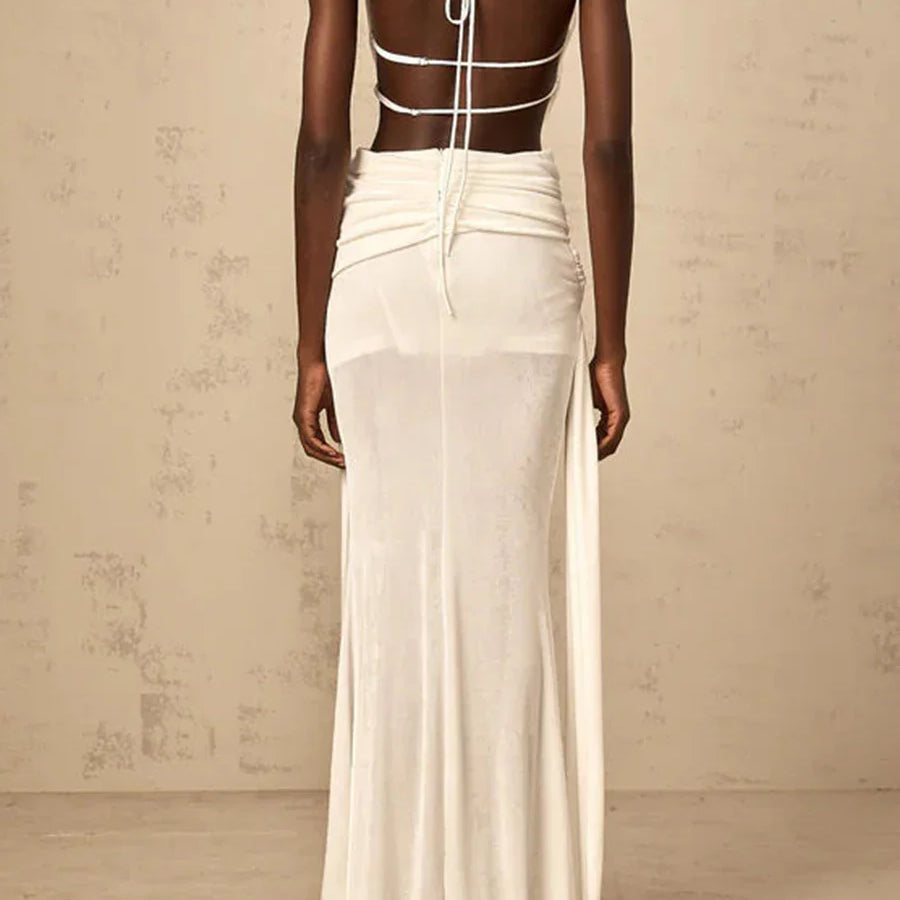 Solid Slimming Spliced Hollow Out Dresses for Women Halter Neck Sleeveless Patchwork Sheer Midi Dress Female New