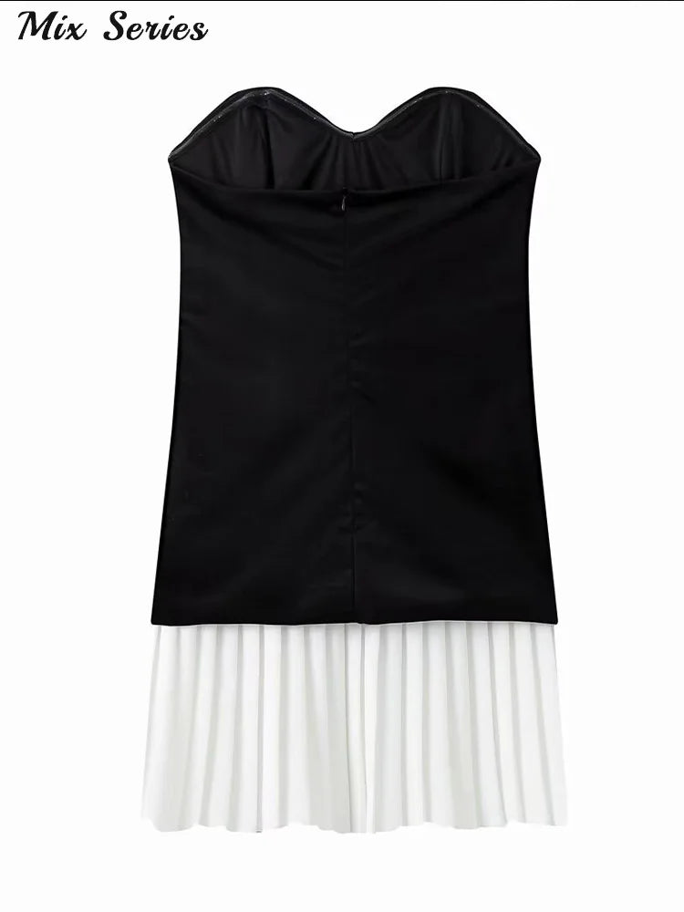 Off Shoulder Pleated Patchwork Dress Women Sexy Backless Sleeveless Mini Dresses Summer Female New Tube Top Vestidos