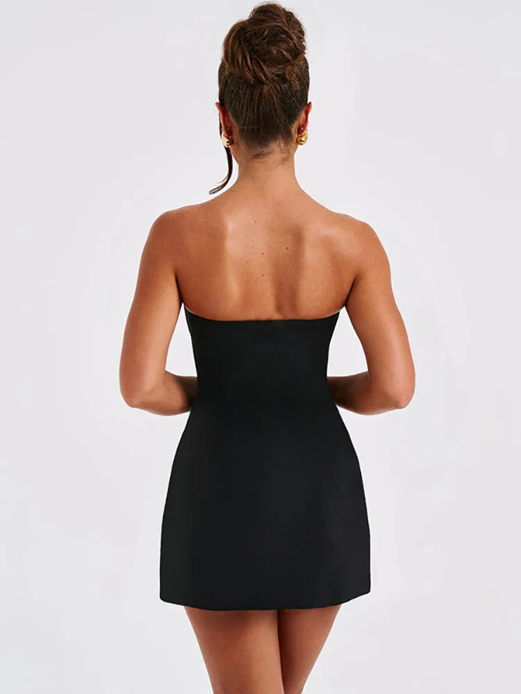 HOUZHOU Elegant Strapless Short Dresses for Women Summer Sexy Vintage Slim A-line Black Party Dresses Graduation Prom