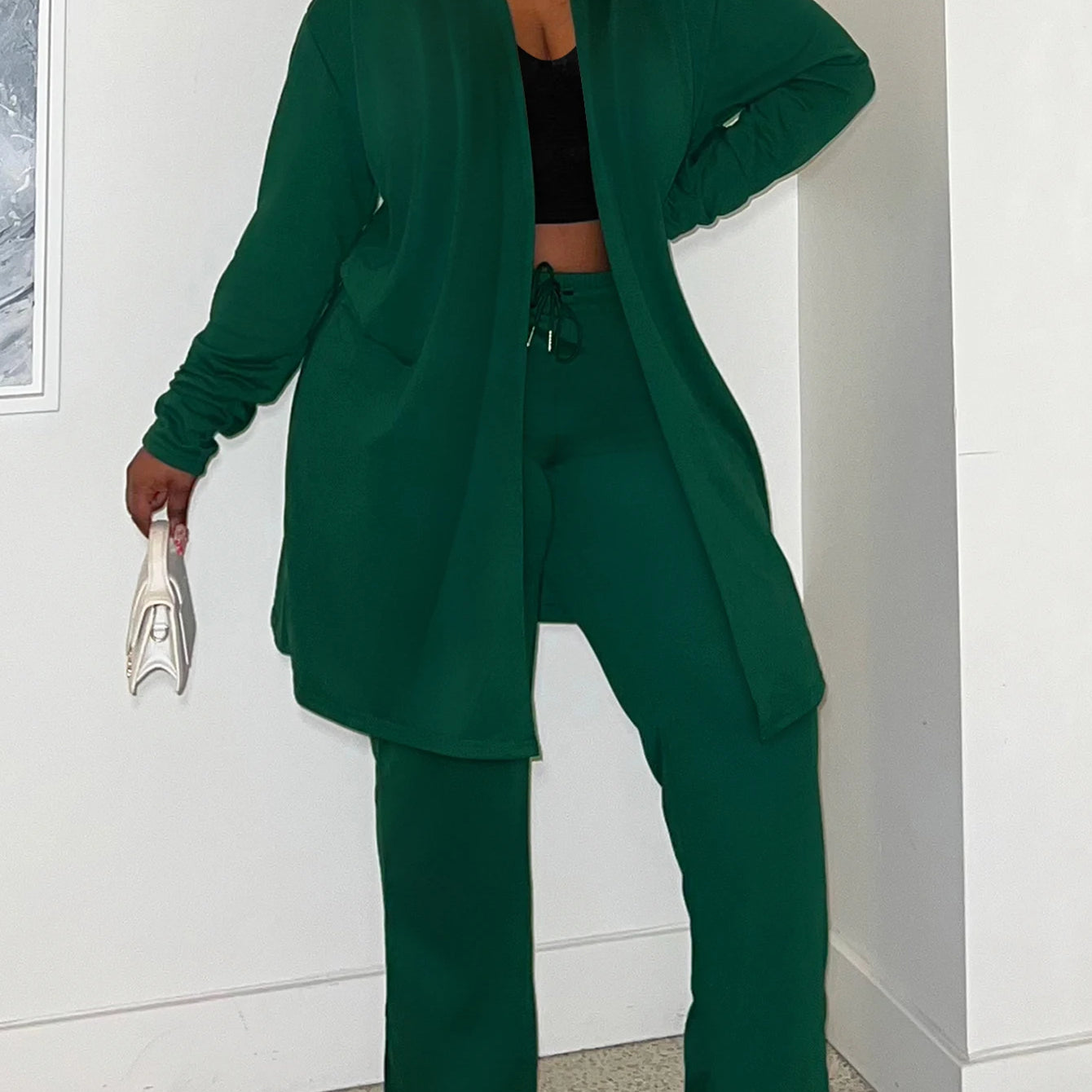 LW Plus Size Two pieces sets High Waist Drawstring Pants Set Autumn long sleeve solid long coat Top + loose trousers casual suit