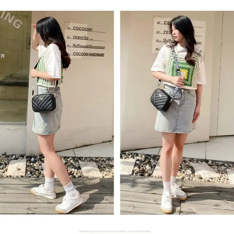 Womens Fresh And Sweet Horizontal Square Rolling Camera Collar Grid Crossbody Storage One Shoulder Phone Bag