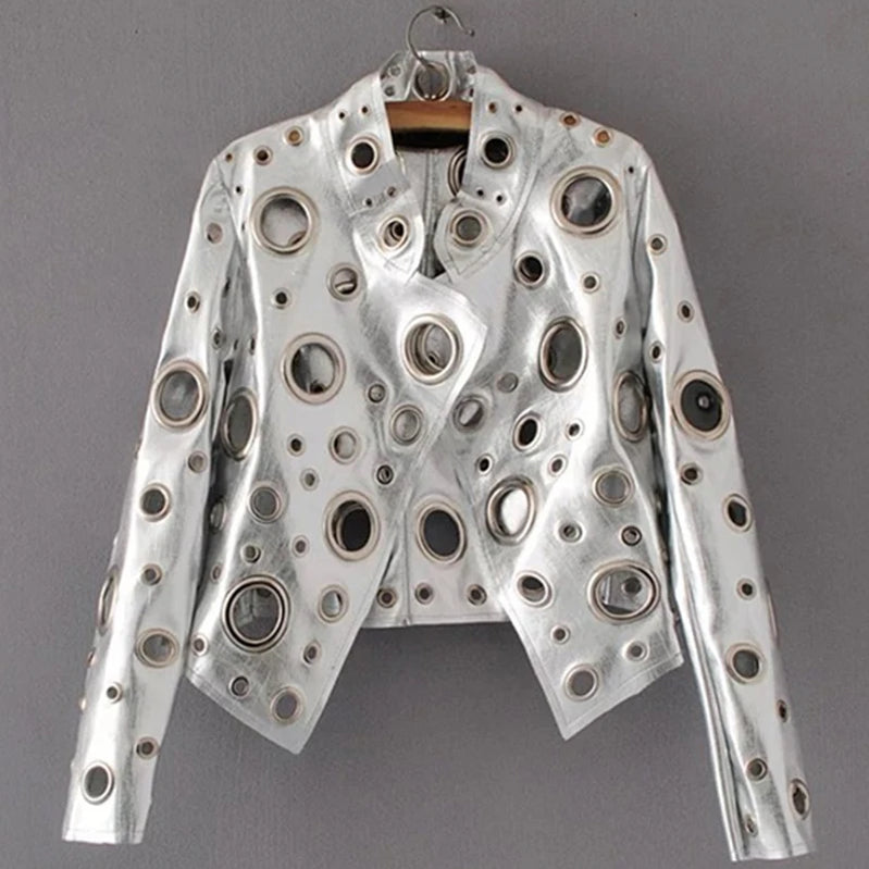 Runway Cut Out Short Faux Leather Jacket Golden Rivet Cool Stylish Designer Clothes Women European American Fashion Silver