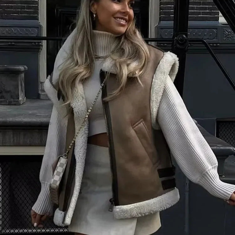 TRAFZA Winter Fur Vest Women Faux Sheepskin Fur Waistcoat Chic Lady Faux Leather Fleece Warm Vest Woman Sleeveless Jacket