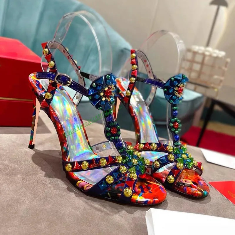 Color Round Toe Open Toe Cross Strap Rivet Sandals Women's Leather Stiletto T-strap High-Heeled Shoes