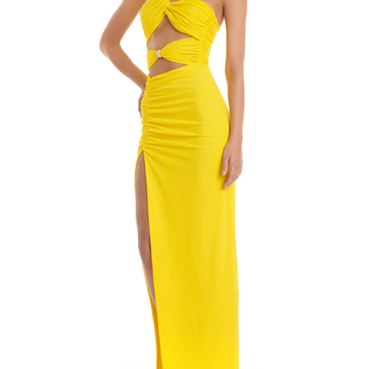 Women's Fashion Bandage Dress Strapless Sleeveless Hollow Out High Split Sexy Evening Dresses Summer