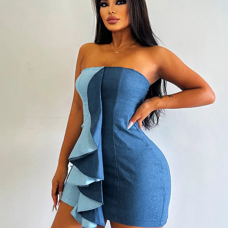 WannaThis Ruffle Faux Denim Strapless Dress Women Elegant Sleeveless Wrap Hip Mini Dresses Summer Backless Bodycon Party Dress