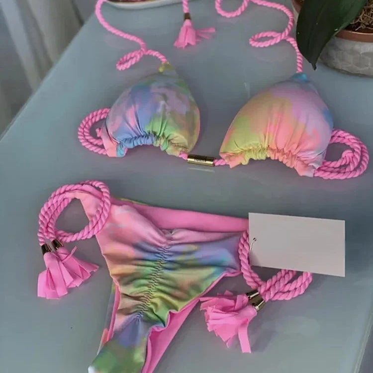 Sexy Swimsuit Women Triangle Bikinis Set Thong Bandage Swimsuits Solid Color Bath Suit Two Piece String Swimear Beach Wear 8232