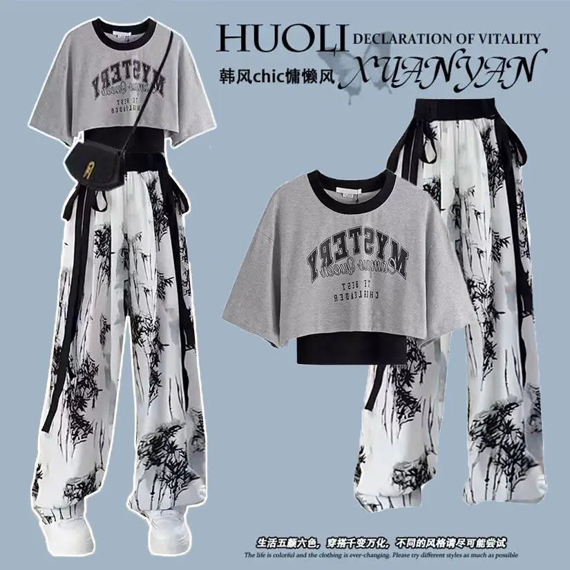 Korean Style Two-piece Patchwork Short Sleeved T-shirt with Ink Painting Wide Leg Pants Two-piece Female Student Pants Set set 02