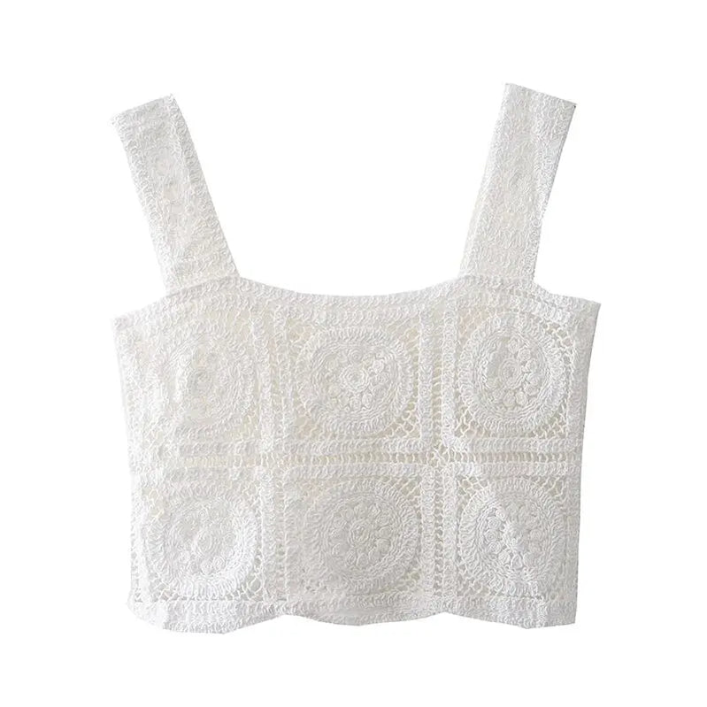 OUMEA Women Summer Cotton Crochet Retro Cropped Knitted Cardigans Daisy Floral Embroidery Sleeveless Button Up Chic Crop Tops style 2 white One Size