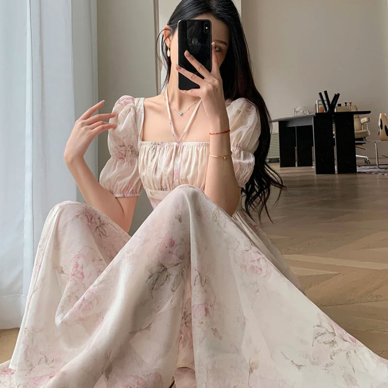 Summer Fashion French Retro A-Line Fairy Party Dress Female Floral Square Neck Lantern Sleeves High Waist Pleated Vest Dresses