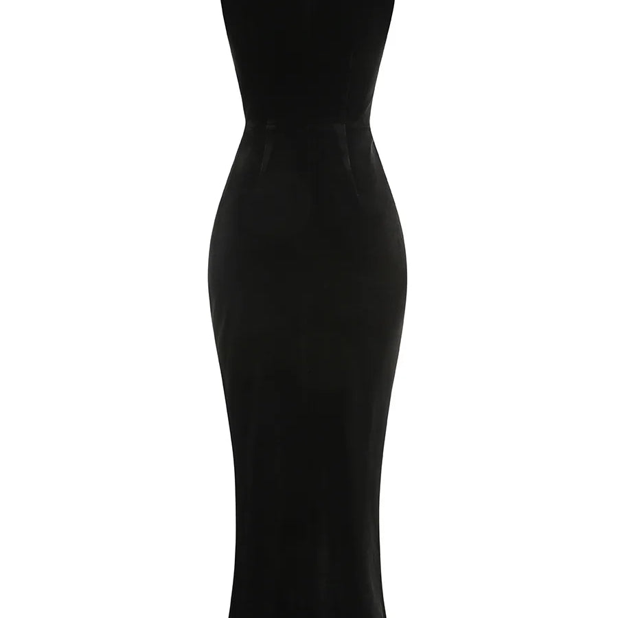 Black Color Women Sexy Sleeveless O-Neck Velvet Bodycon Long Maxi Dress Elegant Evening Party Cocktail Dress