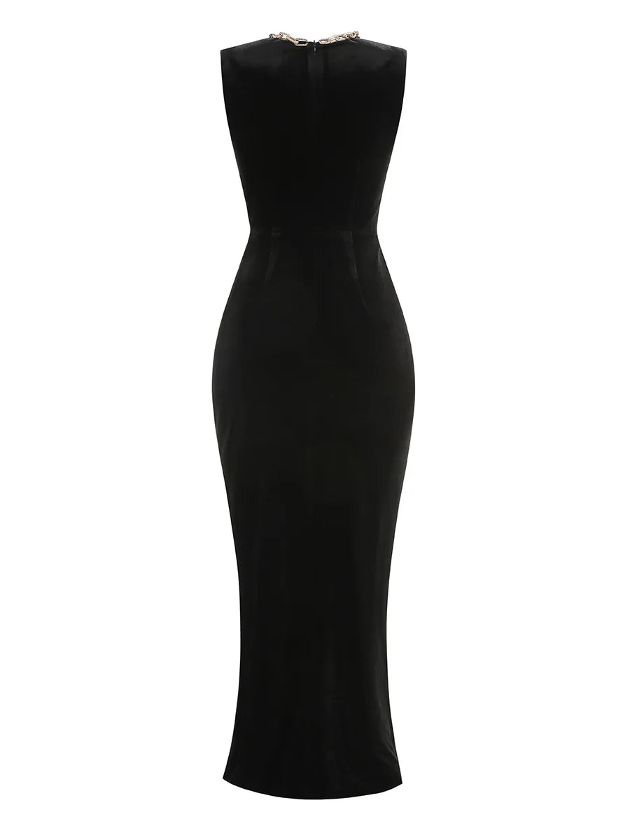 Black Color Women Sexy Sleeveless O-Neck Velvet Bodycon Long Maxi Dress Elegant Evening Party Cocktail Dress
