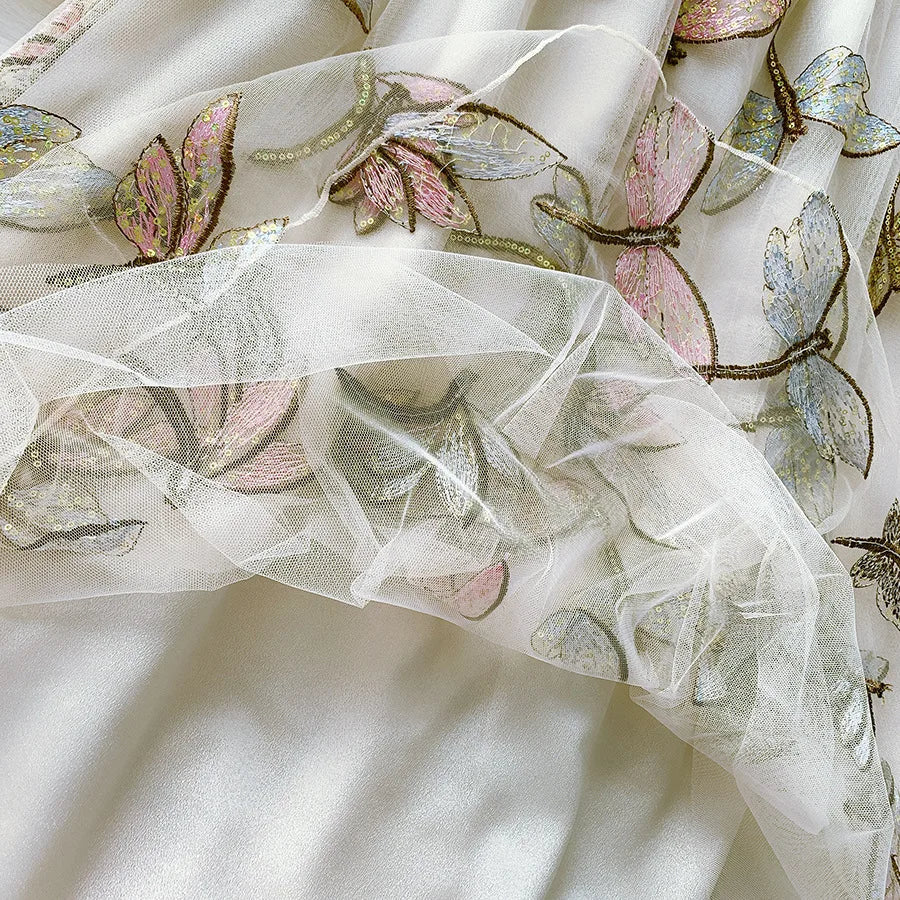 Luxury Sequines Dragonfly Embroidered Tulle Skirts Womens New Summer Fairy Glitter Mesh Skirts High Waist Long Tutu Skirts