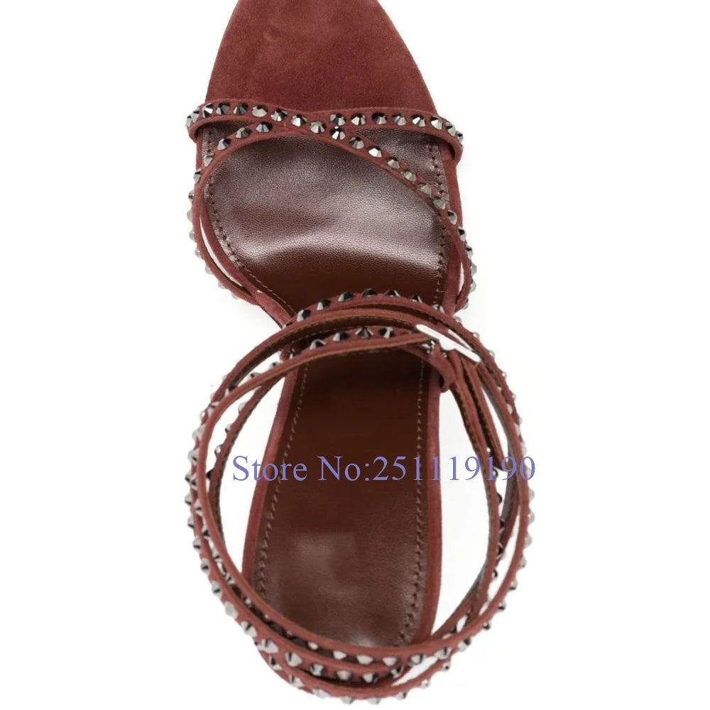 Brown Crystal Heeled Sandals Cross Strap Black High Heels Women Elegant Luxury Designer Shoes Summer 2025 Buckle Strap Sandalias