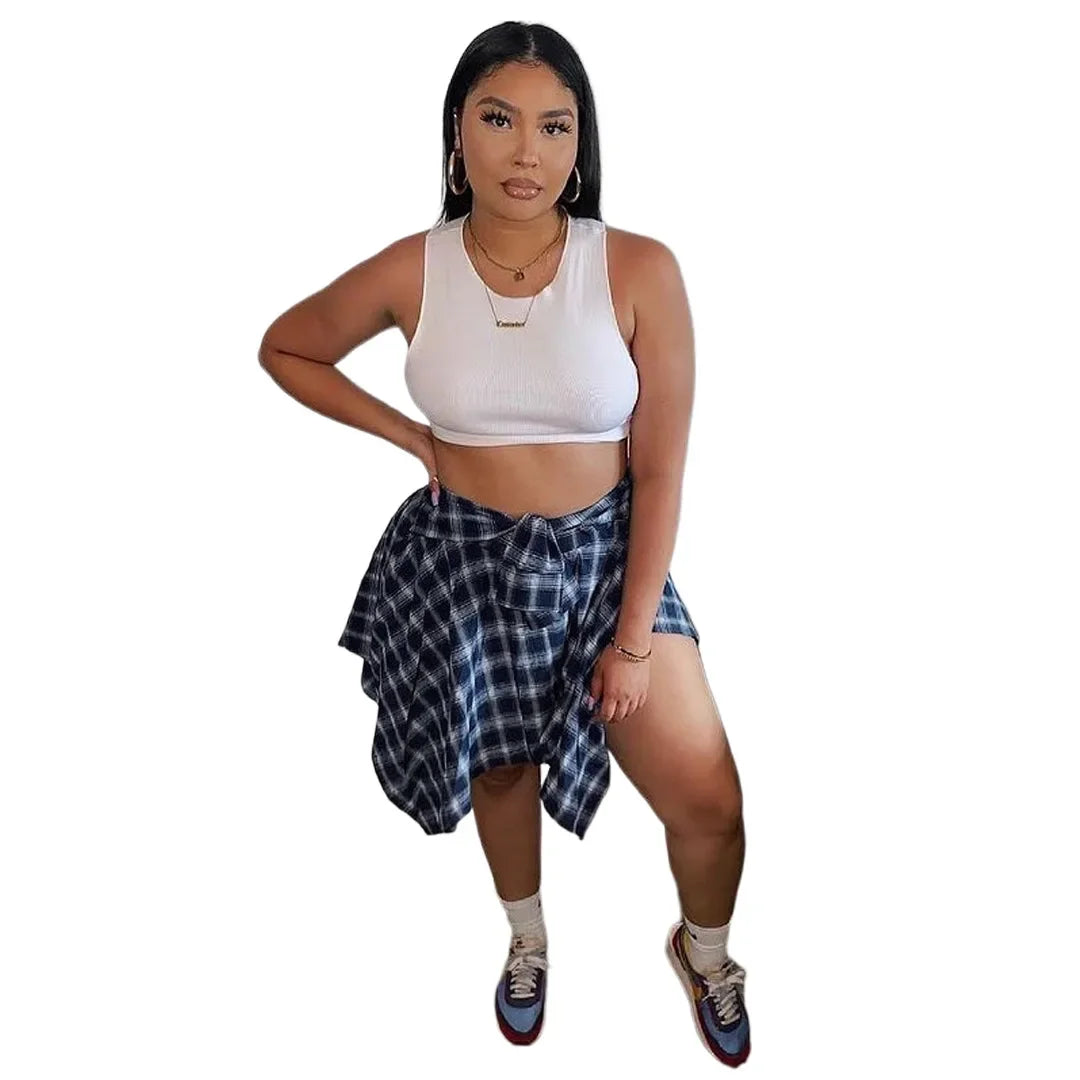 CM.YAYA Women Plaid Irregular High Waist Knee Length Skirts 2022 Summer Holiday Streetwear Sleeve Wrapped Lace Up Waist Skirt Dark Blue